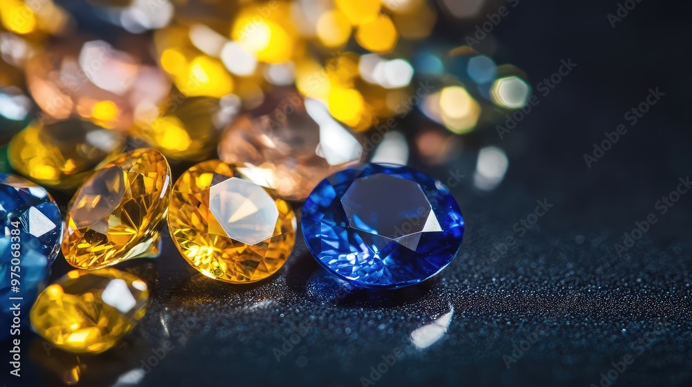 Sapphire and Yellow Gemstones on Black Surface. AI generated illustration