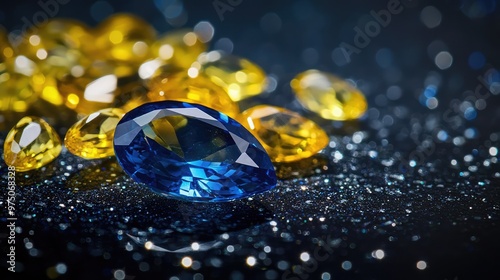 Sapphire and Yellow Gemstones on Black Surface. AI generated illustration photo