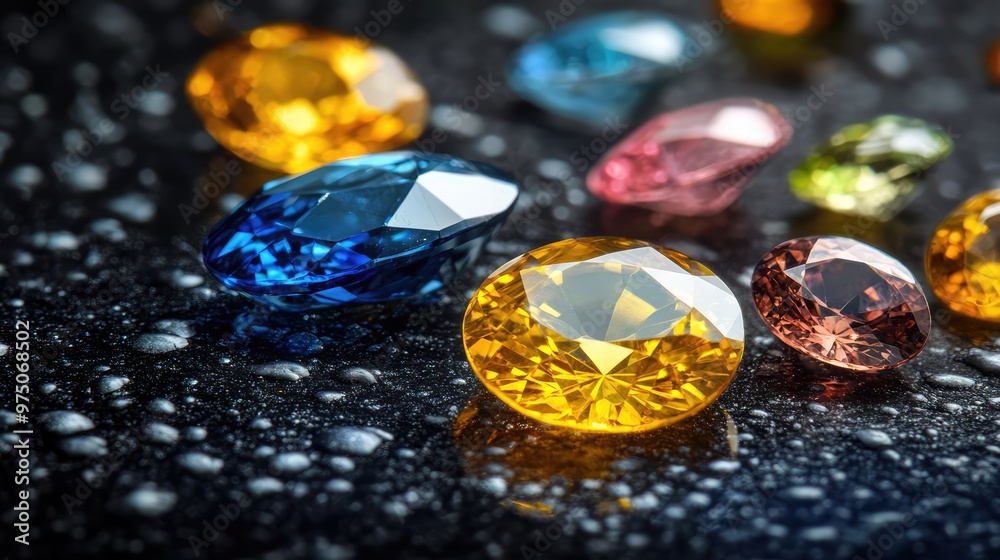 Sapphire and Yellow Gemstones on Black Surface. AI generated illustration Sapphire and Yellow Gemstones on Black Surface. AI generated illustration