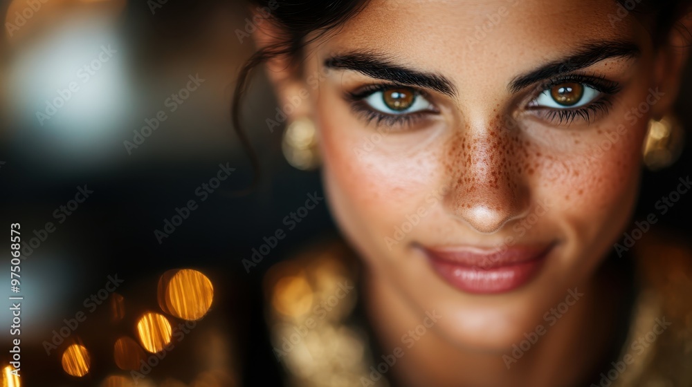 A woman's face is captured in a close-up, emphasizing her captivating freckles and striking features, complemented by a dark, mysterious setting with lights. A woman's face is captured in a close-up, emphasizing her captivating freckles and striking features, complemented by a dark, mysterious setting with lights.
