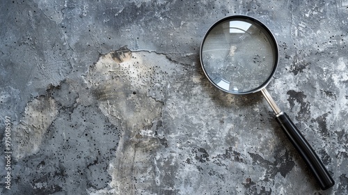 A magnifying glass with a black handle rests on a grungy, distressed surface, emphasizing a juxtaposition between clarity and obscurity.