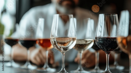 Wallpaper Mural An array of different types of wine glasses placed in front of an individual, showcasing various wines in a sophisticated setting, representing social gatherings and refinement. Torontodigital.ca