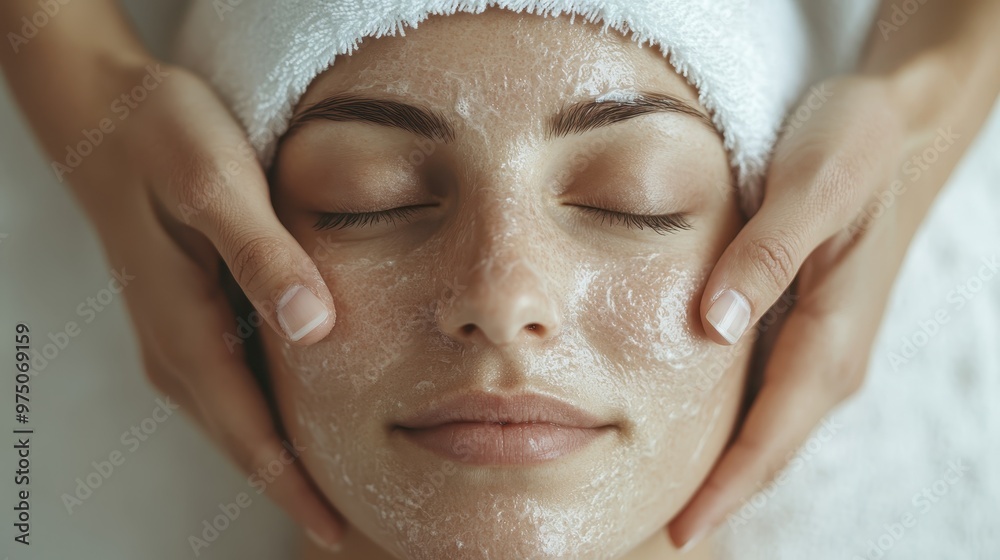 A person receives a relaxing facial treatment at a spa, with a white towel covering their hair and face masked in cream, promoting tranquility and self-care. A person receives a relaxing facial treatment at a spa, with a white towel covering their hair and face masked in cream, promoting tranquility and self-care.
