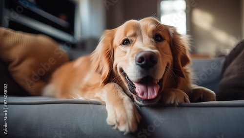  A golden retriever comfortably rests on a couch, showcasing its soft fur and relaxed demeanor in a cozy living room setting.