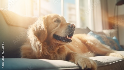 A golden retriever lies peacefully on a couch, embodying tranquility and warmth in a welcoming home environment.