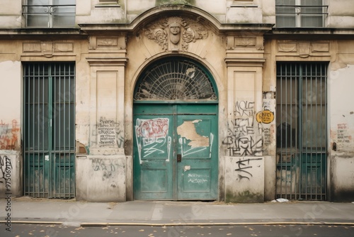 A striking green door featuring various graffiti designs, reflecting the artistic expression found in urban environments.