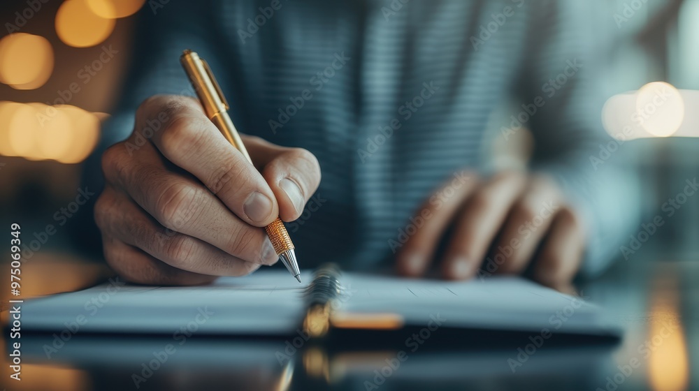 Close-up of a person's hand writing with a pen on paper at a desk, with a relaxed setting and warm lighting in the background enhancing the cozy atmosphere. Close-up of a person's hand writing with a pen on paper at a desk, with a relaxed setting and warm lighting in the background enhancing the cozy atmosphere.