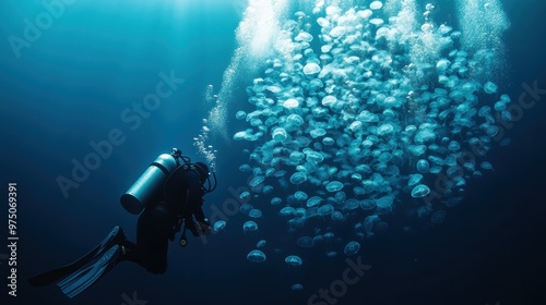 A scuba diver encounters a stunning display of jellyfish in the deep ocean, creating a mesmerizing underwater scene with bubbles rising towards the surface.