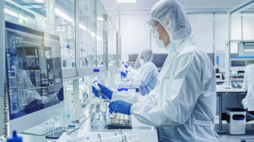 Team of scientists in full protective gear conducting research in an advanced cleanroom laboratory environment. Team of scientists in full protective gear conducting research in an advanced cleanroom laboratory environment.