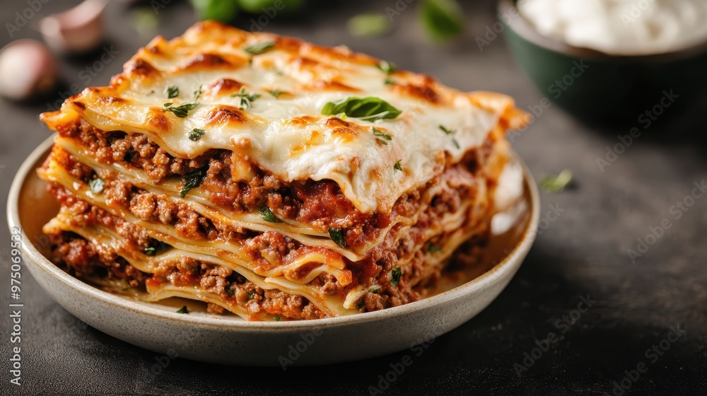 A tantalizing close-up view of a hearty piece of lasagna, showcasing the delectable layers of pasta, rich meat sauce, and perfectly melted cheese, making it look irresistible and delicious. A tantalizing close-up view of a hearty piece of lasagna, showcasing the delectable layers of pasta, rich meat sauce, and perfectly melted cheese, making it look irresistible and delicious.
