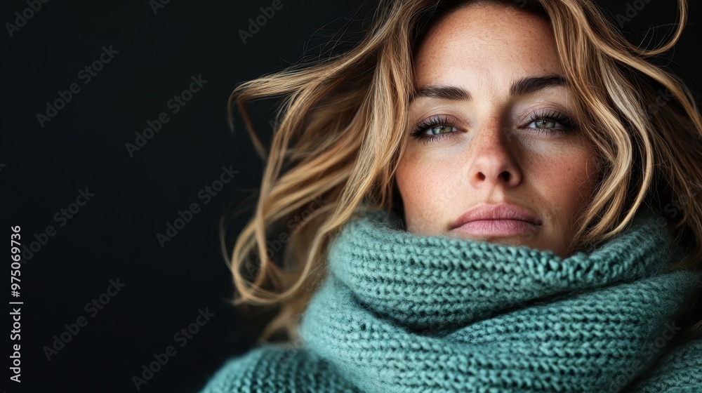 Captivating portrait of a freckled woman swathed in a teal knit sweater, against a dark background, her intense gaze tempered by cozy knit softness. Captivating portrait of a freckled woman swathed in a teal knit sweater, against a dark background, her intense gaze tempered by cozy knit softness.