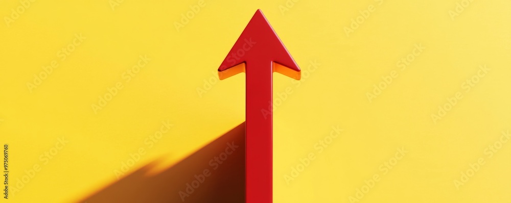 Red arrow pointing upward on yellow background, minimalistic design. Direction and progress concept Red arrow pointing upward on yellow background, minimalistic design. Direction and progress concept
