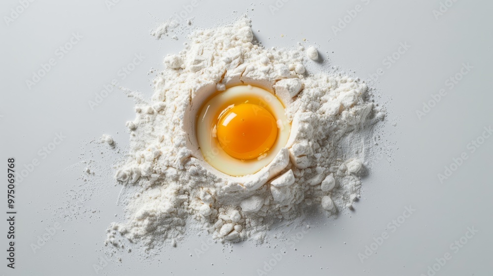 An overhead view of an egg yolk nestled in a mound of flour on a white surface, depicting the simplicity and beginnings of baking. An overhead view of an egg yolk nestled in a mound of flour on a white surface, depicting the simplicity and beginnings of baking.