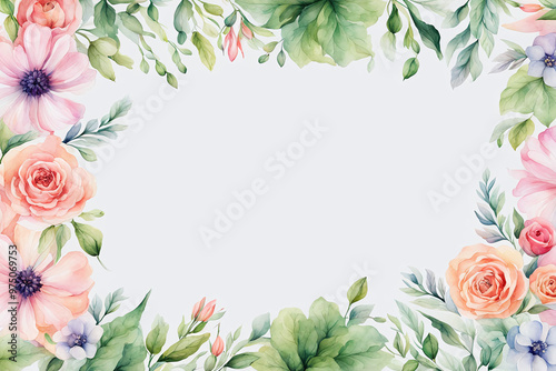 Floral border frame with white copy space. Delicate watercolor flowers and leaves on white background.