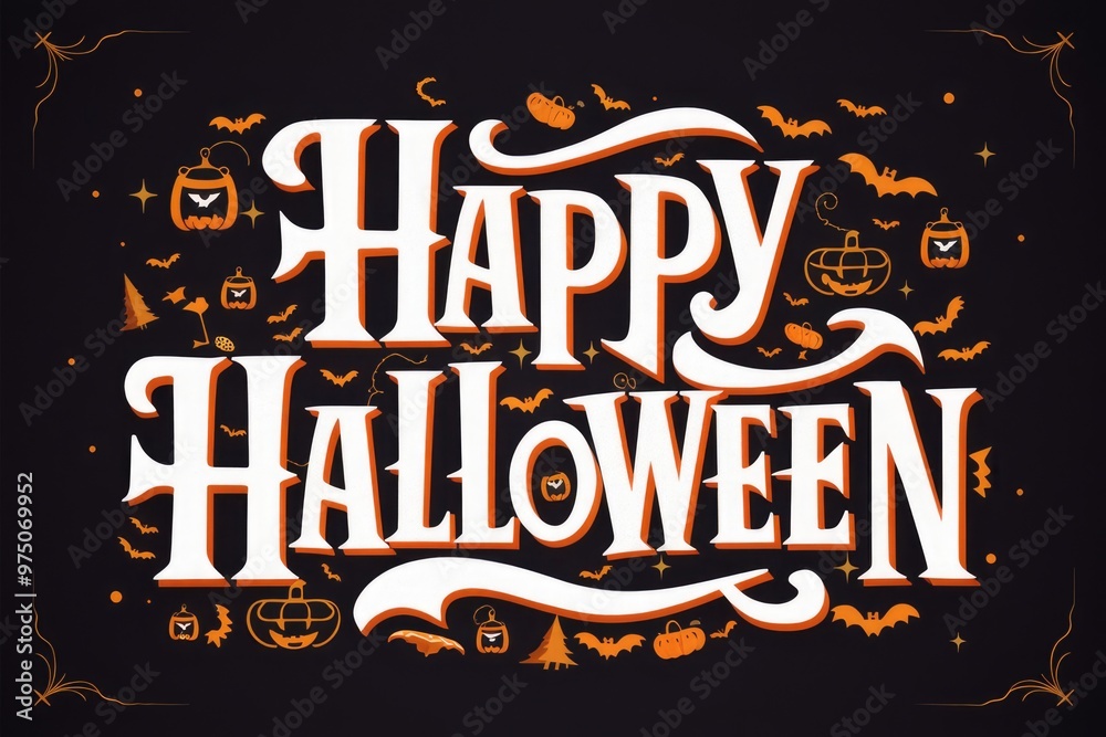 Fototapeta premium Happy Halloween greeting with pumpkins and bats.