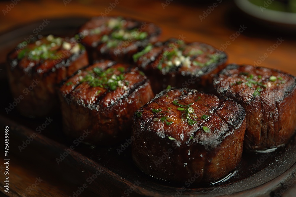 Four elegantly arranged sushi rolls on dark wood detailed with vibrant green toppings in soft lighti Four elegantly arranged sushi rolls on dark wood detailed with vibrant green toppings in soft lighti