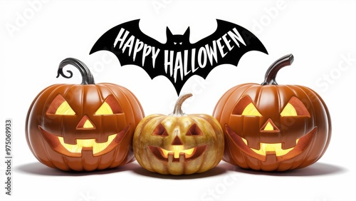 Three lit jackolanterns with a bat saying Happy Halloween photo
