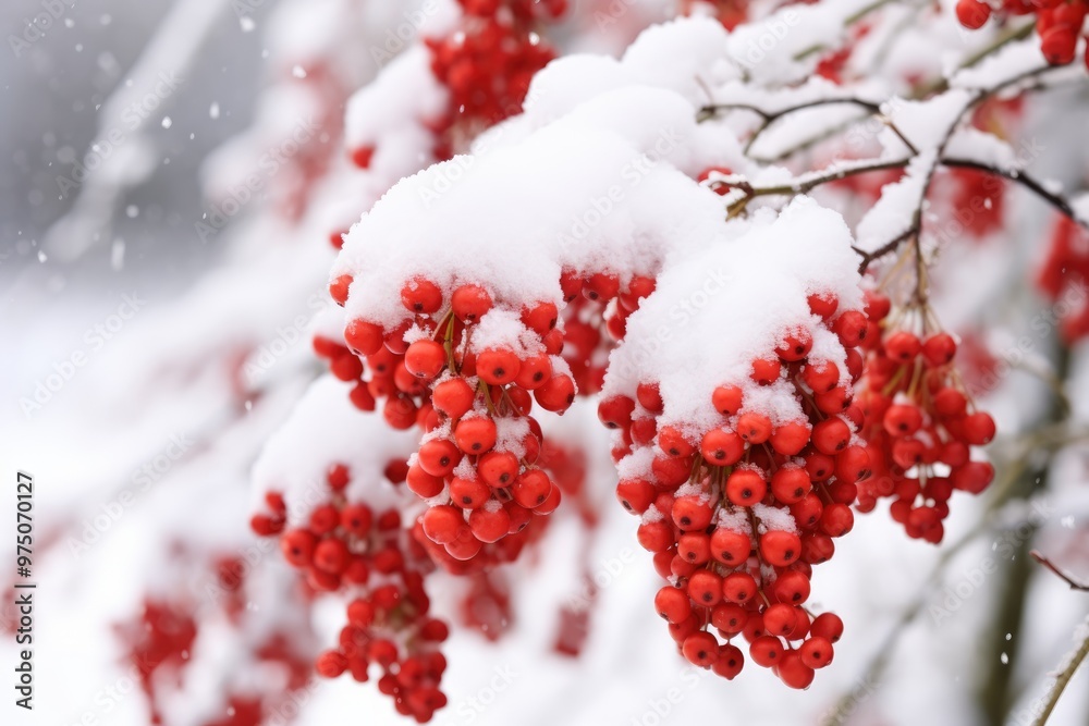 Red bunches of rowan covered with snow, the beginning of winter and the heating season. First snow, snow flakes falling Red bunches of rowan covered with snow, the beginning of winter and the heating season. First snow, snow flakes falling