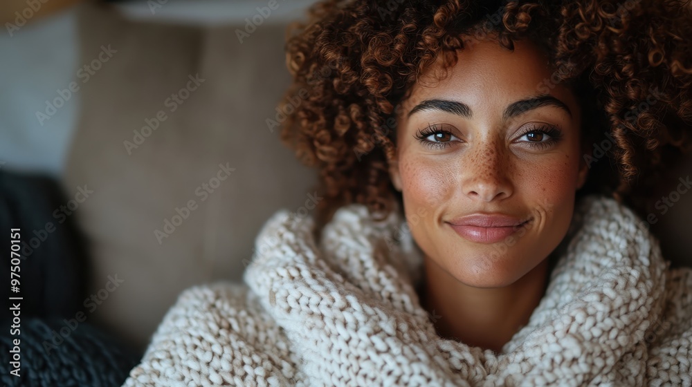 A woman, wrapped in a cozy knit sweater, smiles warmly at the camera, conveying comfort and relaxation in a homey atmosphere filled with warmth. A woman, wrapped in a cozy knit sweater, smiles warmly at the camera, conveying comfort and relaxation in a homey atmosphere filled with warmth.