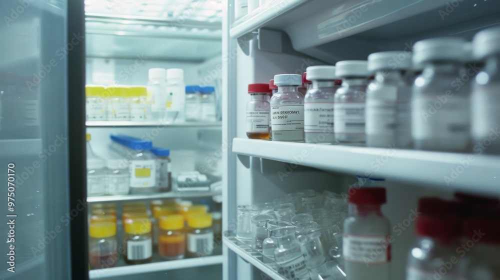 A refrigerator filled with various medicines and vials, signifying a well-organized medical storage with chilled, well-preserved substances. A refrigerator filled with various medicines and vials, signifying a well-organized medical storage with chilled, well-preserved substances.