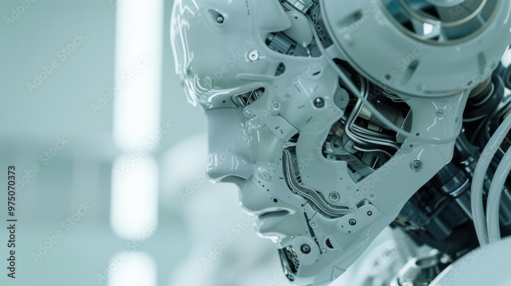 A close-up view of a futuristic robot, revealing intricate mechanical components and a human-like face, capturing the essence of advanced technology. A close-up view of a futuristic robot, revealing intricate mechanical components and a human-like face, capturing the essence of advanced technology.