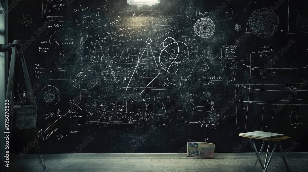 Fototapeta premium Quantum Physics Formulas Handwritten on Blackboard. AI generated illustration
