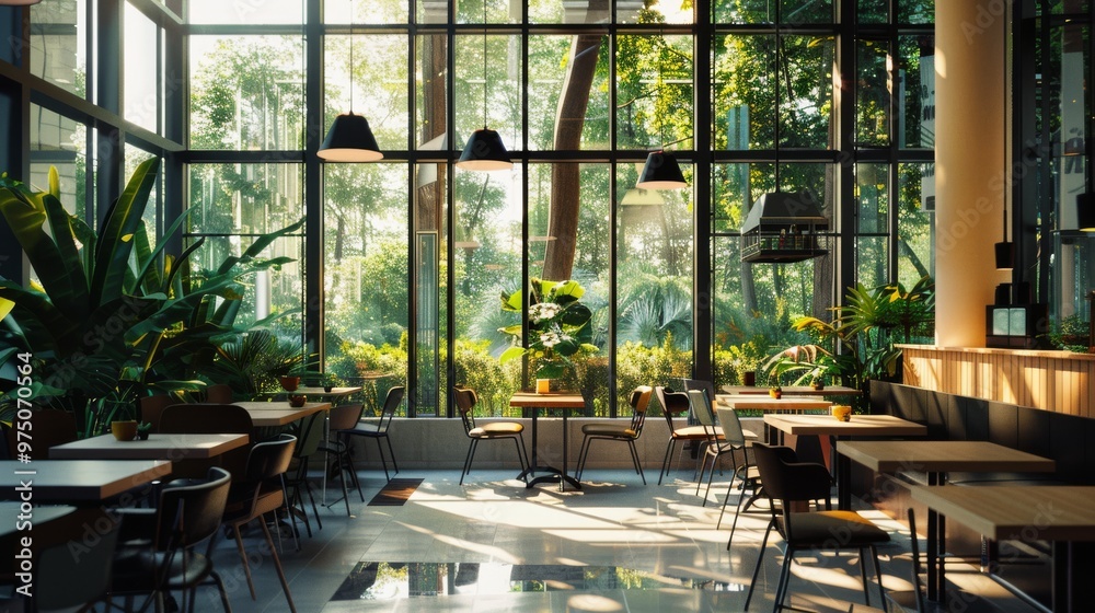 Naklejka premium A serene glass-walled café surrounded by lush greenery, bathed in morning light, creating a tranquil and inviting atmosphere.