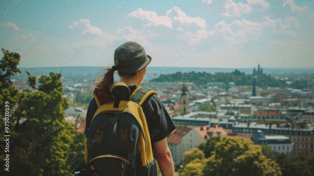 A traveler with a yellow and black backpack enjoys an elevated view of a sprawling cityscape under a partly cloudy sky. A traveler with a yellow and black backpack enjoys an elevated view of a sprawling cityscape under a partly cloudy sky.