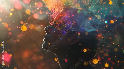 A person’s silhouette with glowing colors around their head, representing imaginative thought, creativity, and the boundless expanse of the mind.