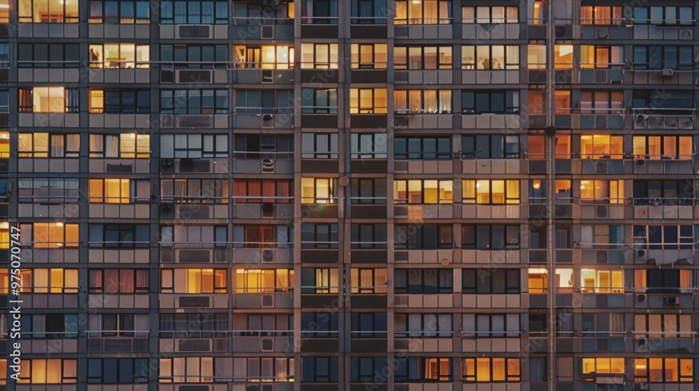 Warmly-lit windows of a high-rise building at dusk, each window shedding a glimpse into the lives within, creating a mosaic of urban living. Warmly-lit windows of a high-rise building at dusk, each window shedding a glimpse into the lives within, creating a mosaic of urban living.
