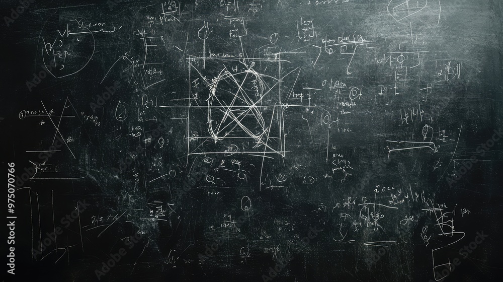 Quantum Physics Formulas Handwritten on Blackboard. AI generated illustration Quantum Physics Formulas Handwritten on Blackboard. AI generated illustration