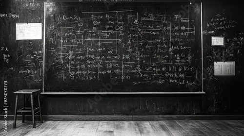 Quantum Physics Formulas Handwritten on Blackboard. AI generated illustration photo