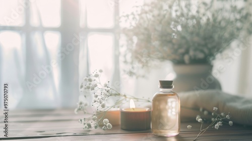 A serene setup with a lit candle, small flowers, and a diffuser bottle against a softly lit window, creating a calm and ambient atmosphere.