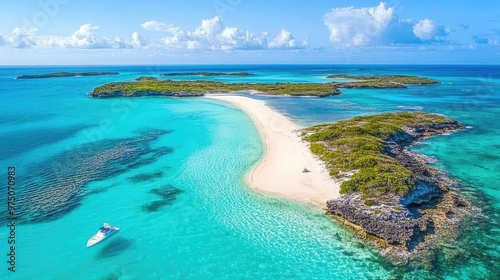 Aerial View of Munjack Cay, Bahamas Bay and Beach. AI generated illustration