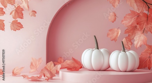 Autumn-inspired display featuring white pumpkins and colorful leaves on a sof...