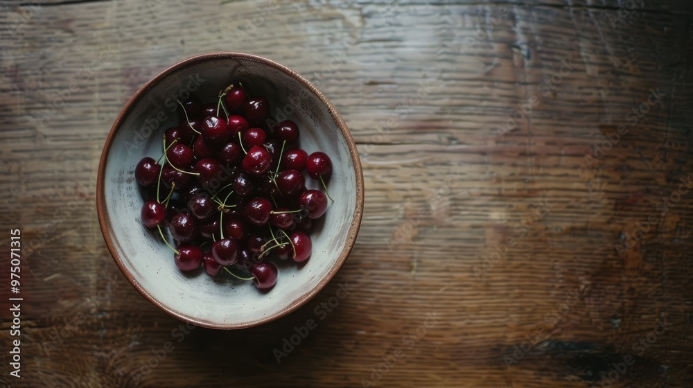 A bowl of fresh, ripe cherries sits on a rustic wooden table, highlighting simplicity and natural beauty. A bowl of fresh, ripe cherries sits on a rustic wooden table, highlighting simplicity and natural beauty.