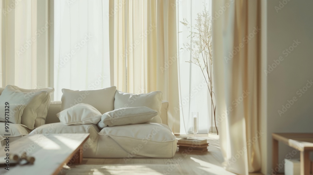 Spacious, modern living room bathed in natural light with a cozy, white sofa and minimalist decor.