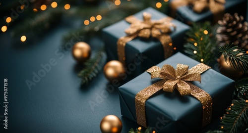 Elegant gift boxes wrapped in golden ribbons arranged with festive decoration...