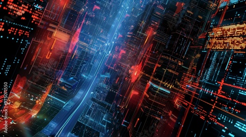 Vibrant Metropolis with Futuristic Neon Lights and Geometric Patterns