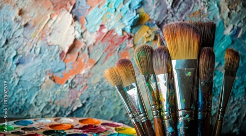 A collection of paintbrushes resting on a palette in front of a colorful abst...