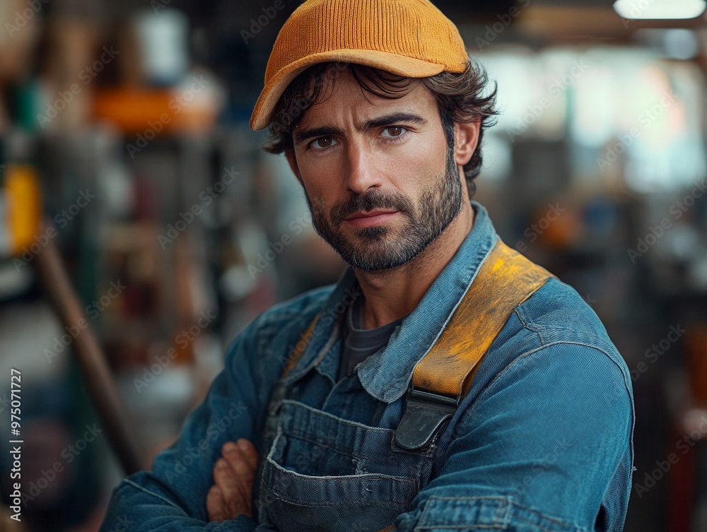 A determined expression marks a man clad in denim overalls and a yellow cap, embodying resilience and focus in a bustling workshop filled with industry tools. A determined expression marks a man clad in denim overalls and a yellow cap, embodying resilience and focus in a bustling workshop filled with industry tools.