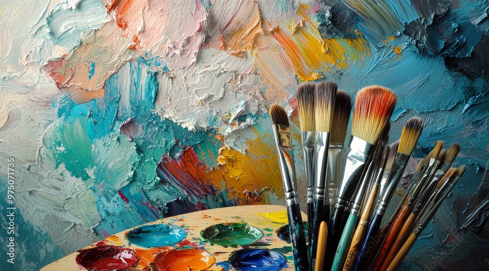 Fototapeta premium A colorful artist palette with brushes arranged neatly, showcasing vibrant paint colors and textures