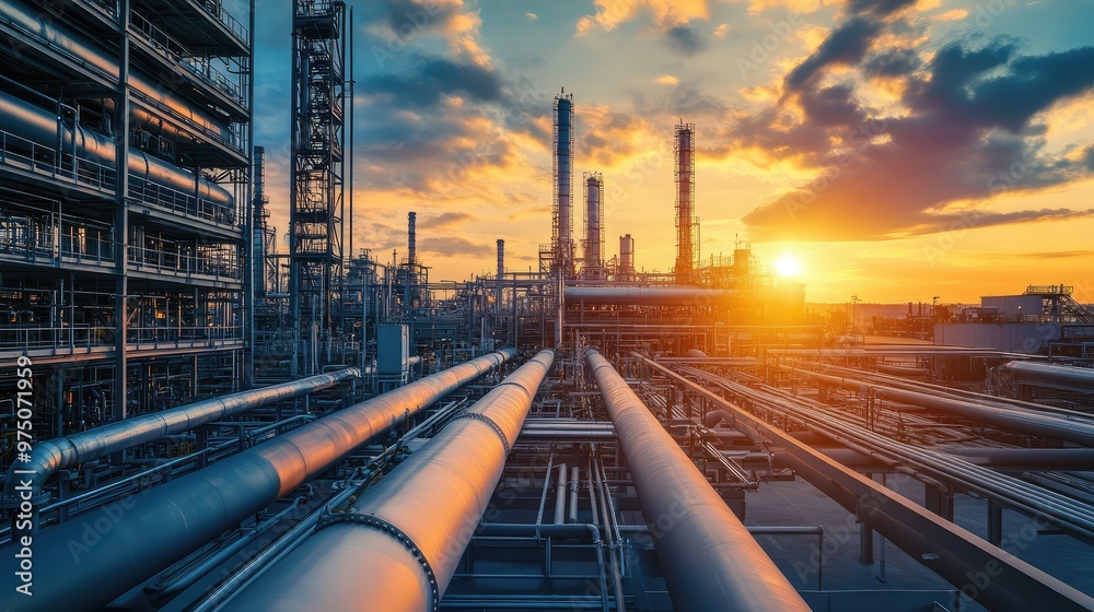 Pipeline and Pipe Rack at Petroleum Plant with Sunset. AI generated illustration Pipeline and Pipe Rack at Petroleum Plant with Sunset. AI generated illustration