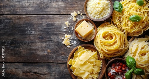 Delicious pasta prepared with fresh cheese and ingredients on a rustic wooden...