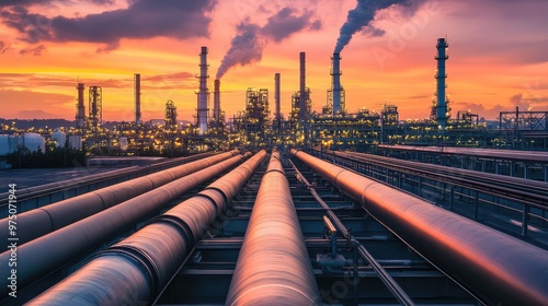 Pipeline and Pipe Rack at Petroleum Plant with Sunset. AI generated illustration photo