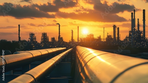 Pipeline and Pipe Rack at Petroleum Plant with Sunset. AI generated illustration photo