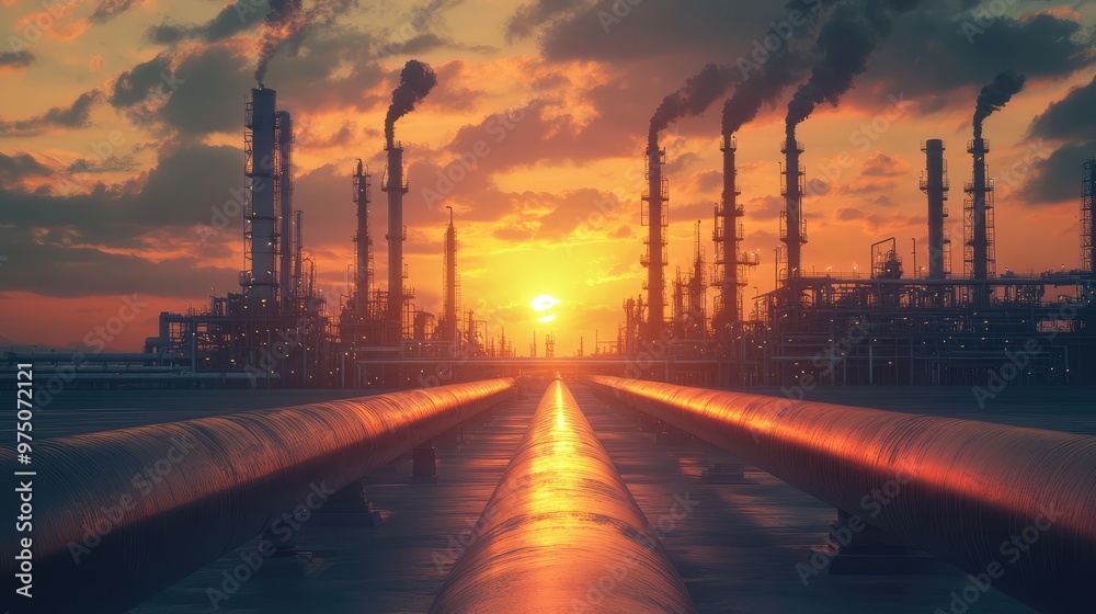Pipeline and Pipe Rack at Petroleum Plant with Sunset. AI generated illustration Pipeline and Pipe Rack at Petroleum Plant with Sunset. AI generated illustration