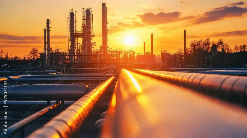 Pipeline and Pipe Rack at Petroleum Plant with Sunset. AI generated illustration Pipeline and Pipe Rack at Petroleum Plant with Sunset. AI generated illustration