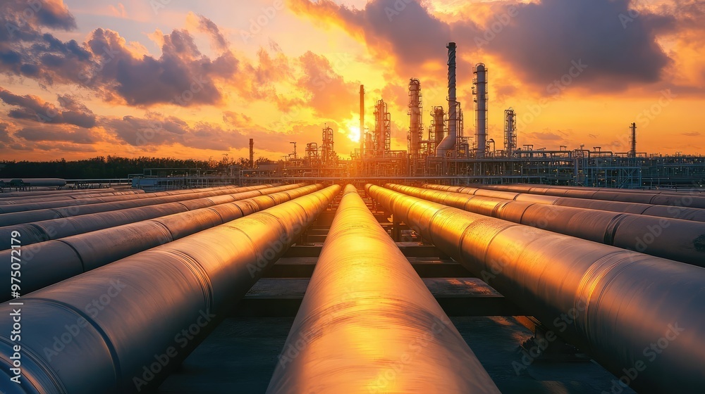 Pipeline and Pipe Rack at Petroleum Plant with Sunset. AI generated illustration Pipeline and Pipe Rack at Petroleum Plant with Sunset. AI generated illustration