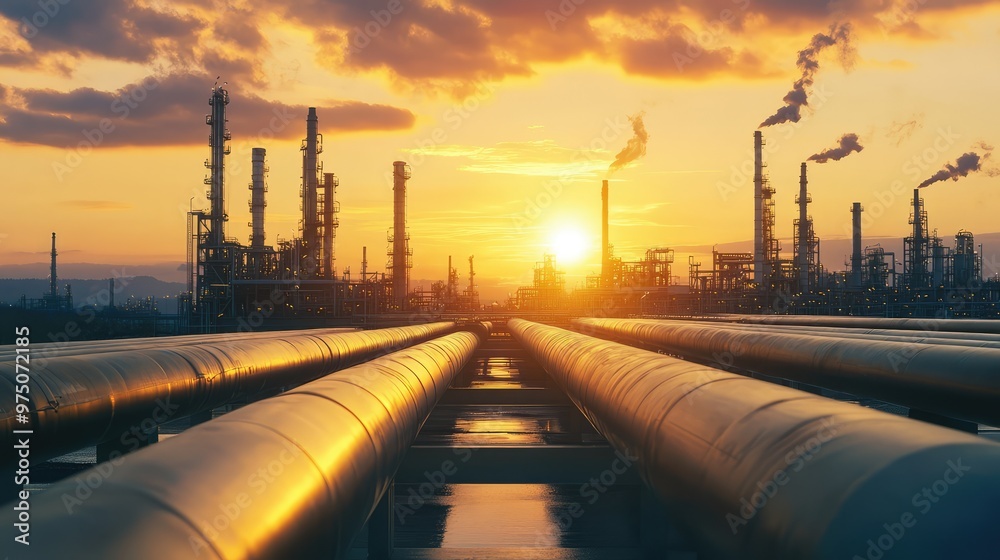 Pipeline and Pipe Rack at Petroleum Plant with Sunset. AI generated illustration Pipeline and Pipe Rack at Petroleum Plant with Sunset. AI generated illustration